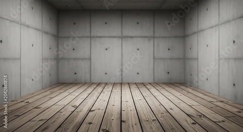 Empty square room with concrete wall and wood deck