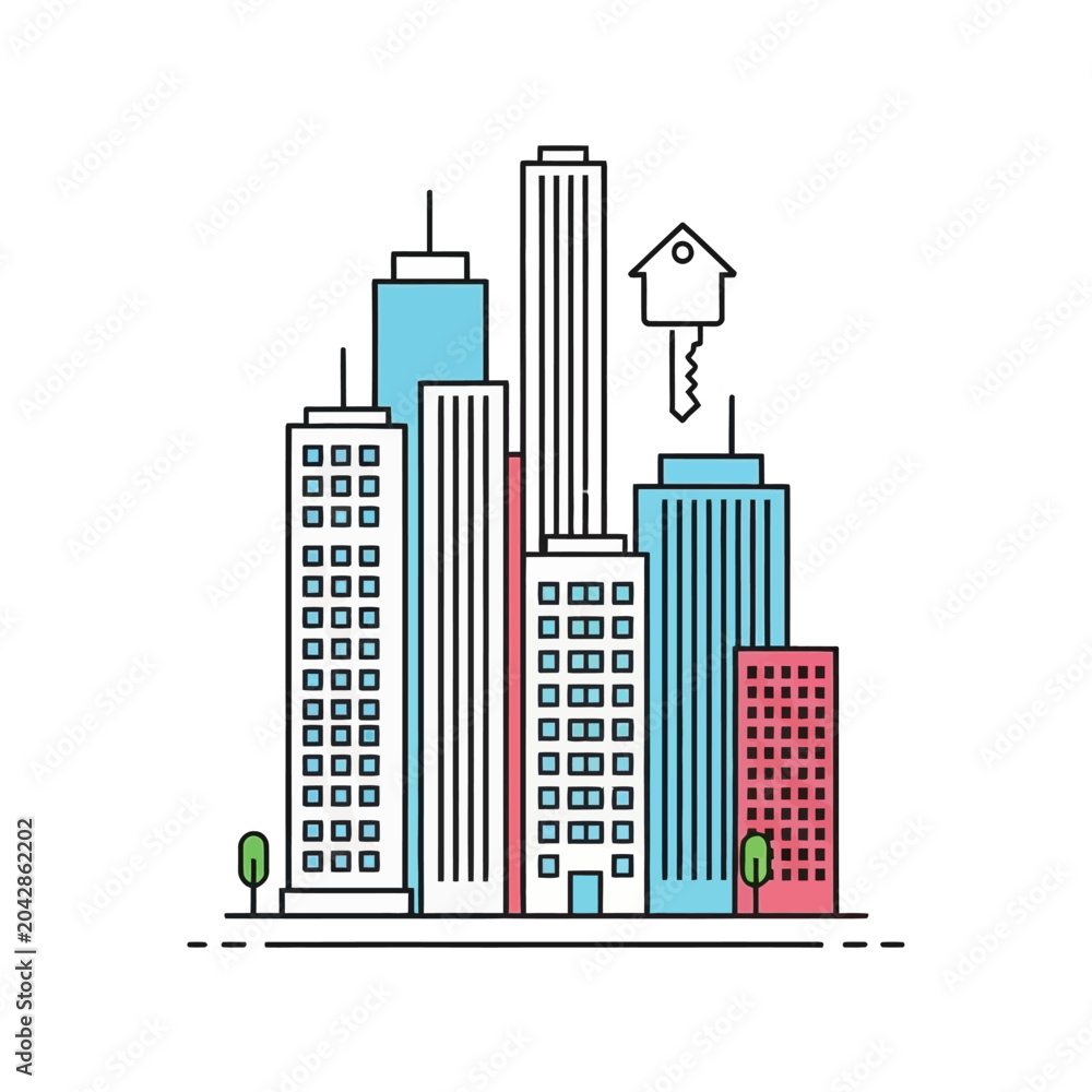 Fototapeta premium Stylized city with bright buildings, trees, and a key symbol representing home ownership.