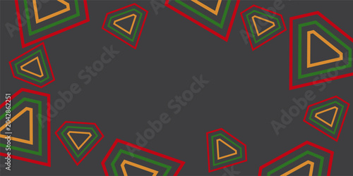 Geometric background frame with red green gold outlines, abstract dark gray vector banner with tribal geometric shapes and copy space for black history month, juneteenth, and cultural event backdrop.