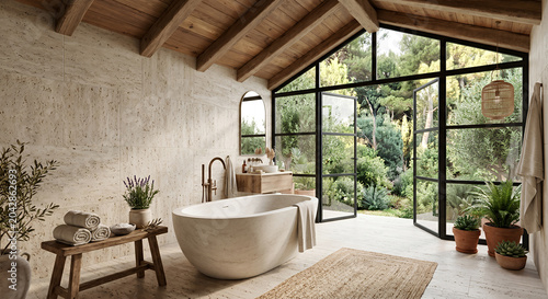 A modern bathroom with a freestanding tub and large windows overlooking a lush garden, featuring natural light and a serene atmosphere.