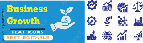 Business growth flat vector icon set editable design elements with business investment development strategy marketing analysis increase performance management corporate statistics progress