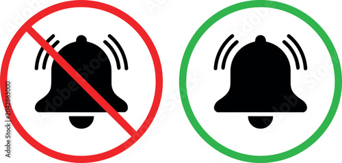 Fotografie Notification bell icon set with mute and sound on options in red and green circl