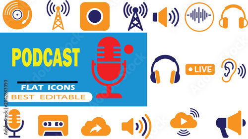 Tableau sur toile Podcast and audio broadcasting flat icon set with broadcasting microphone stream