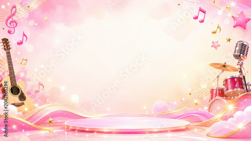 Pink Music Stage Podium Background with Guitar, Drum Set and Microphone for Concert Events. A dreamy pink music-themed stage background featuring a glowing podium, acoustic guitar, drum set