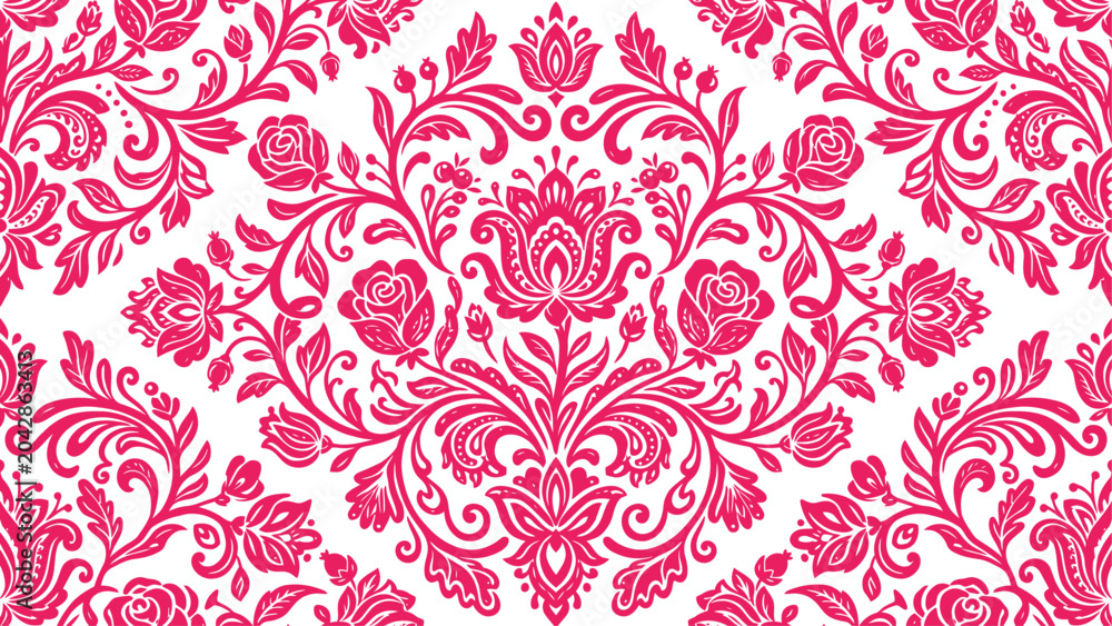 Obraz premium Seamless Fuchsia Pink Floral Damask Pattern. Elegant ornate background with roses, leaves, and swirls on white. Perfect for textile, wallpaper, wedding, or luxury design.