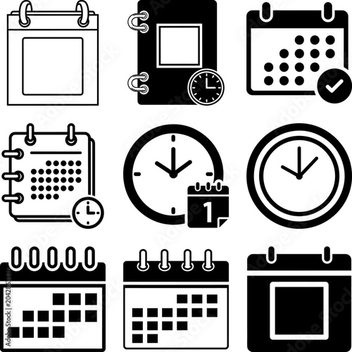 Calendar and Clock Vector Icon Set featuring Time Management Schedule and Date Symbols