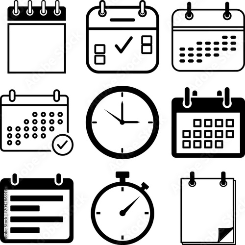 Calendar and Clock Vector Icon Set featuring Time Management Schedule and Date Symbols