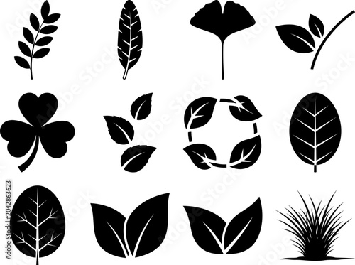 Black Leaf Vector Icons Set featuring Birch Ginkgo Plant Sprout and Floral Silhouettes