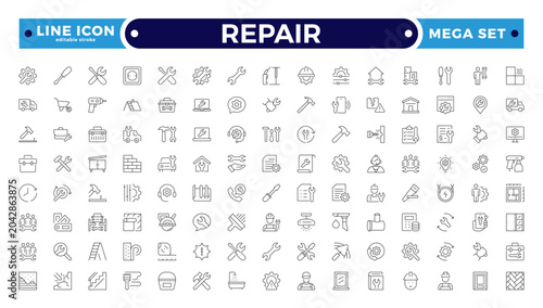Obraz na plátně Repair and Maintenance Outline Icon Set with Toolbox, Wrench, Hammer, Handyman, and Fixing Symbols for Home Service, Restoration, and Mechanical Assistance