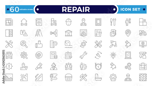 Repair and Maintenance Outline Icon Set with Toolbox, Wrench, Hammer, Handyman, and Fixing Symbols for Home Service, Restoration, and Mechanical Assistance. Editable stroke outline icon. 
