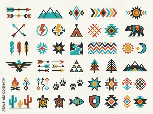 Foto Native American Tribal Symbols and Geometric Ethnic Icons Set