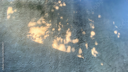 Shadow patterns the effect of sunlight filtering through the trees on grey stucco wall