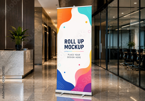 Realistic Roll Up Banner Mockup in Modern Corporate Office Corridor Interior