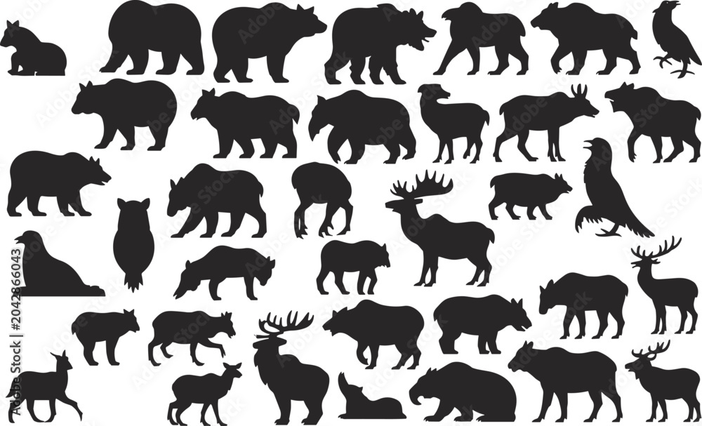 Fototapeta premium Black wildlife animal silhouettes collection featuring bears, deer, moose, and birds isolated on white background for nature and outdoors design.