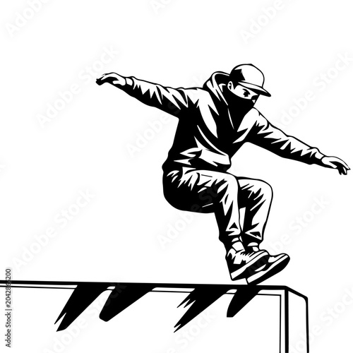 Black and White Parkour Vector Illustration – Urban Free Running Athlete Vaulting Over Obstacle, Line Art Graphic Stencil