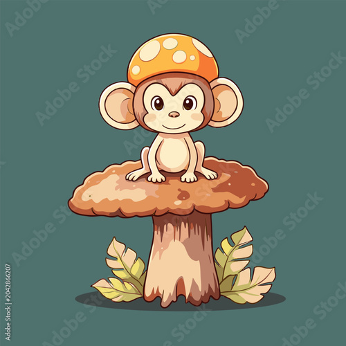 Photography Outdoor mushroom platform little monkey wearing spotted cap sitting cute cartoon