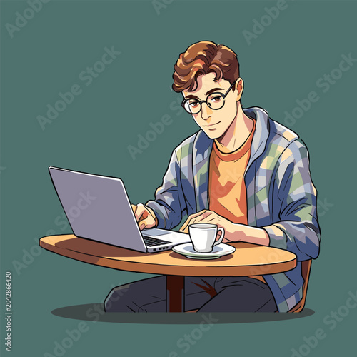 Canvastavla Café indoor bespectacled male working on laptop leisure cartoon picture