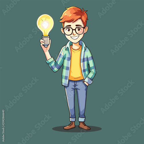 Park roadside checkered boy holding lamp creative thinking cartoon resource