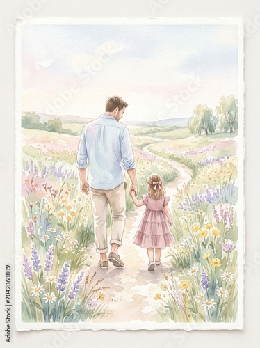 Watercolor illustration of a father and daughter walking through a wildflower meadow.
A soft watercolor painting depicting a dad holding his little daughter's hand on a path in a field.