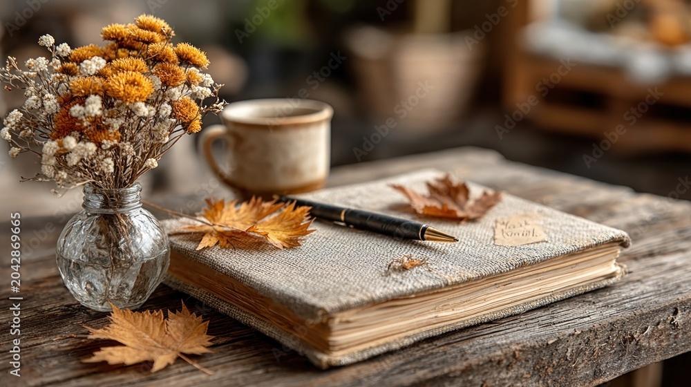 Fototapeta premium Minimal Workspace with Notebook, Pen, and Dried Leaves