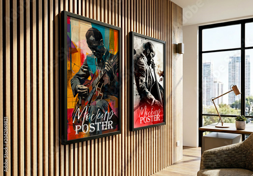Two vertical posters mockup hanging on wooden slatted wall