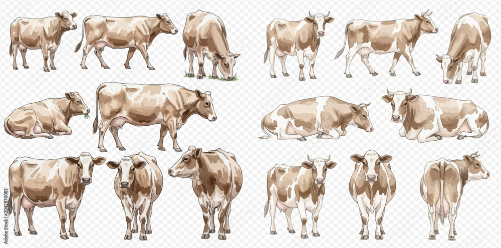 Fototapeta premium Set of watercolor cows in various poses, including standing, grazing, and lying down, isolated on a transparent background.