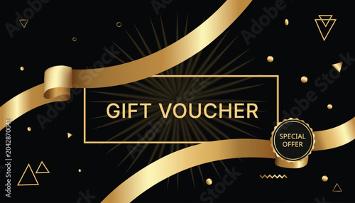 Luxurious black and gold gift voucher template with flowing ribbons and elegant decorative elements template promotion discount
