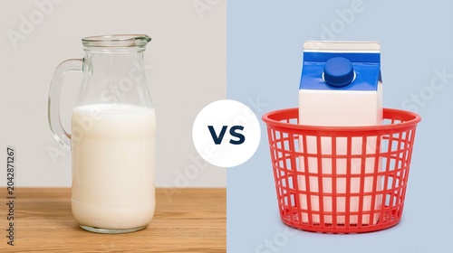 Dairy. Best package types for milk storage: comparison of fresh milk in glass pitcher and packaged milk carton