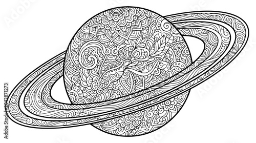 Detailed Saturn Planet Mandala Illustration for Adult Coloring Page