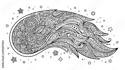 Intricate Zentangle Comet and Stars Mandala Style Coloring Page for Adults