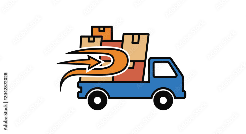 Εκτύπωση καμβά A blue delivery truck carrying cardboard boxes moves quickly across the white ba