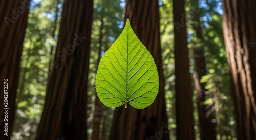 Green leaf against redwood trees background
