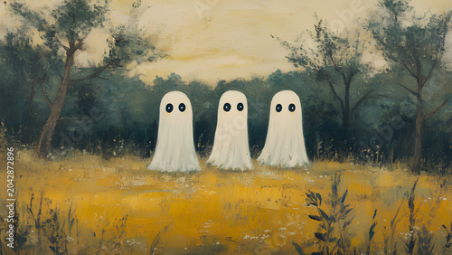 Cute Ghost Trio in Nature Cute Halloween Ghost Friends, Cute Halloween Ghost Friends, Cute Halloween Ghost Friends in Autumn Meadow with Whimsical Forest Background Autumn Forest Scene 