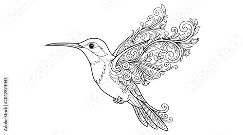 Intricate Floral Hummingbird Line Art for Adult Coloring Book