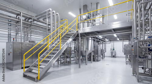 Modern industrial facility clean room interior featuring stainless steel pipes, tanks, and manufacturing equipment