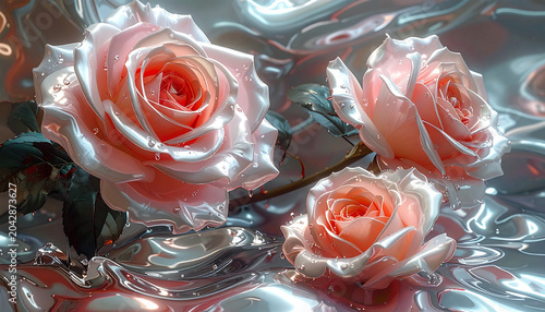 Beautiful pink roses on metallic surface