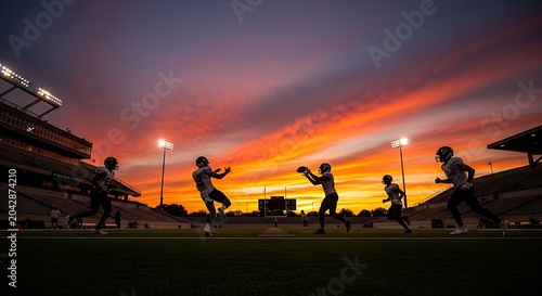 Football players silhouetted against a sunset sky