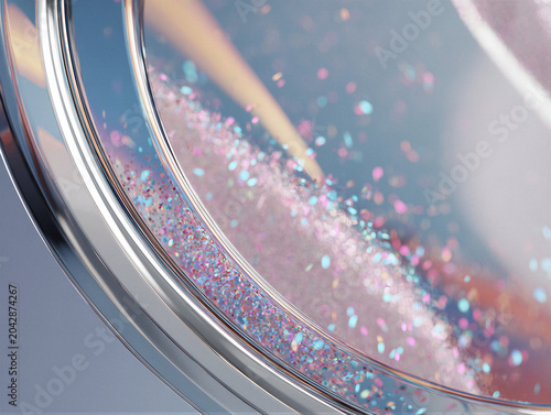 Smart mirror close-up with floating AR holographic makeup effects and brushed metal. Cinematic lighting, shallow depth, and gray gradient background provide copy space for beauty tech marketing.