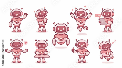 Cute Flat Vector Robots Collection Showing Various Actions and Emotions, Including Waving, Thinking, Jumping, Using Tablet, Typing, Hugging, Giving Thumbs Up and Sleeping, White Background