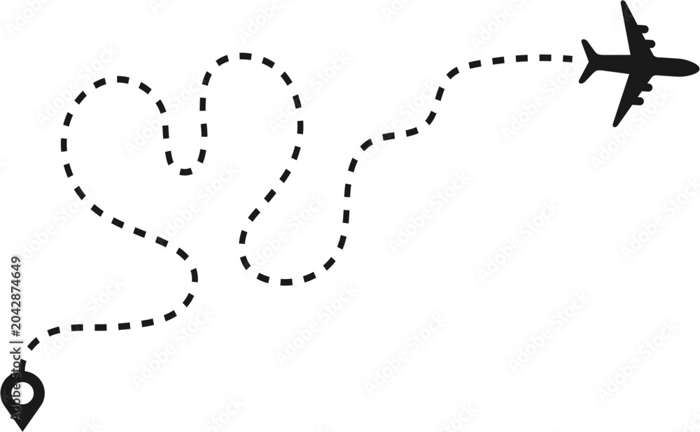 Naklejka premium Airplane Flight Path Route Line Icon with Dotted Travel Journey Trail Vector Illustration