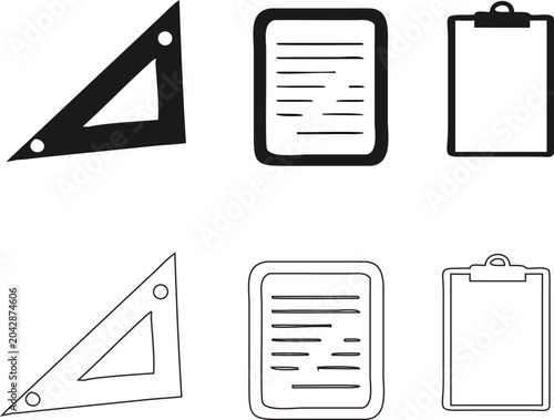 Office Stationary Clipboard Triangle Ruler and Document Silhouette Outline Icon Set