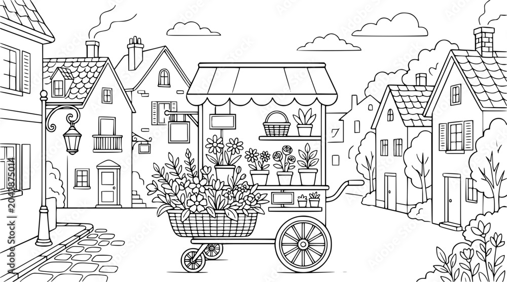 Obraz premium Flower Cart in a Quaint Village Street Coloring Page for Adults and Kids