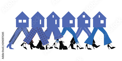 Surreal vector illustration of walking houses on human legs.