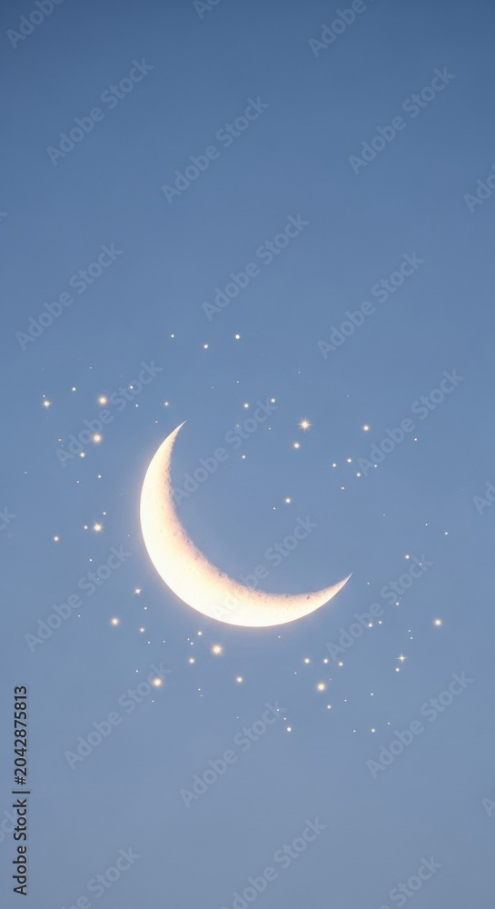 Naklejka premium Glowing crescent moon centered in a clear light blue sky with surrounding sparkling stars and small light dots. Clean vertical composition featuring lunar phase and celestial elements.