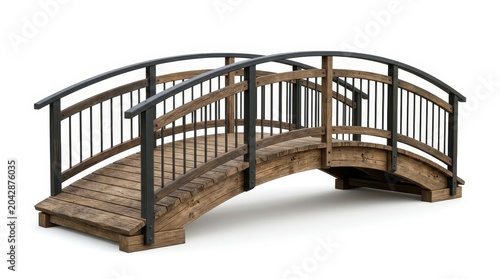 An Arched Wooden Garden Bridge Featuring Black Railings
