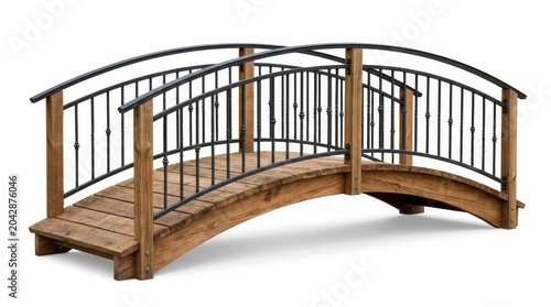An Arched Wooden Garden Bridge Featuring Black Railings