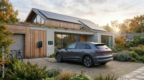 Modern eco-friendly house with electric vehicle charging station and solar panels on roof surrounded by lush greenery