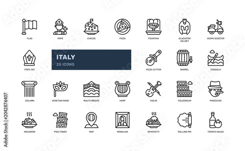Italy Culture Icon Set Line Outline Style for Travel and Culture App