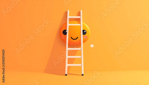 Smiling sun hiding behind white ladder on orange wall