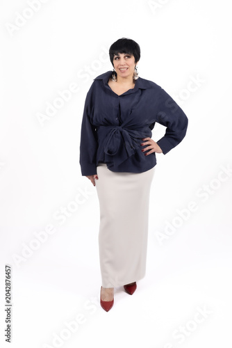 Short hair woman standing full body front view smiling elegantly